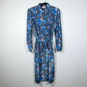 Vintage Lady Carol of New York Blue Paisley Button Midi‎ Dress Size 18